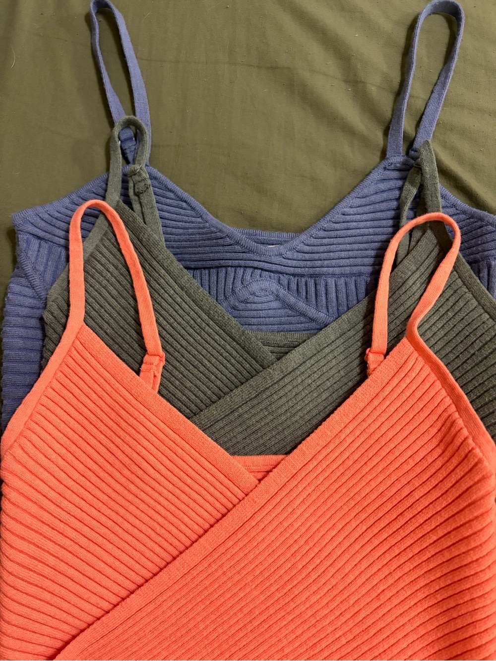 Aerie Ribbed Cross-Front Bandeau Cami bundle in Coral, Forest Green & Navy